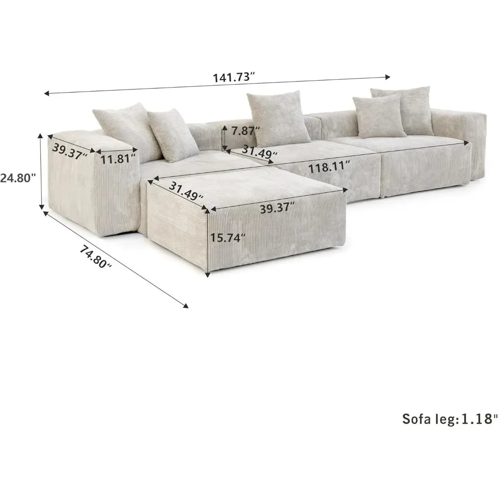 141.73" Modular Sectional Sofa Couch, Corduroy Fabric Couches with 5 Pillows, Oversized Sectional Sofas for Living Room, Sofa