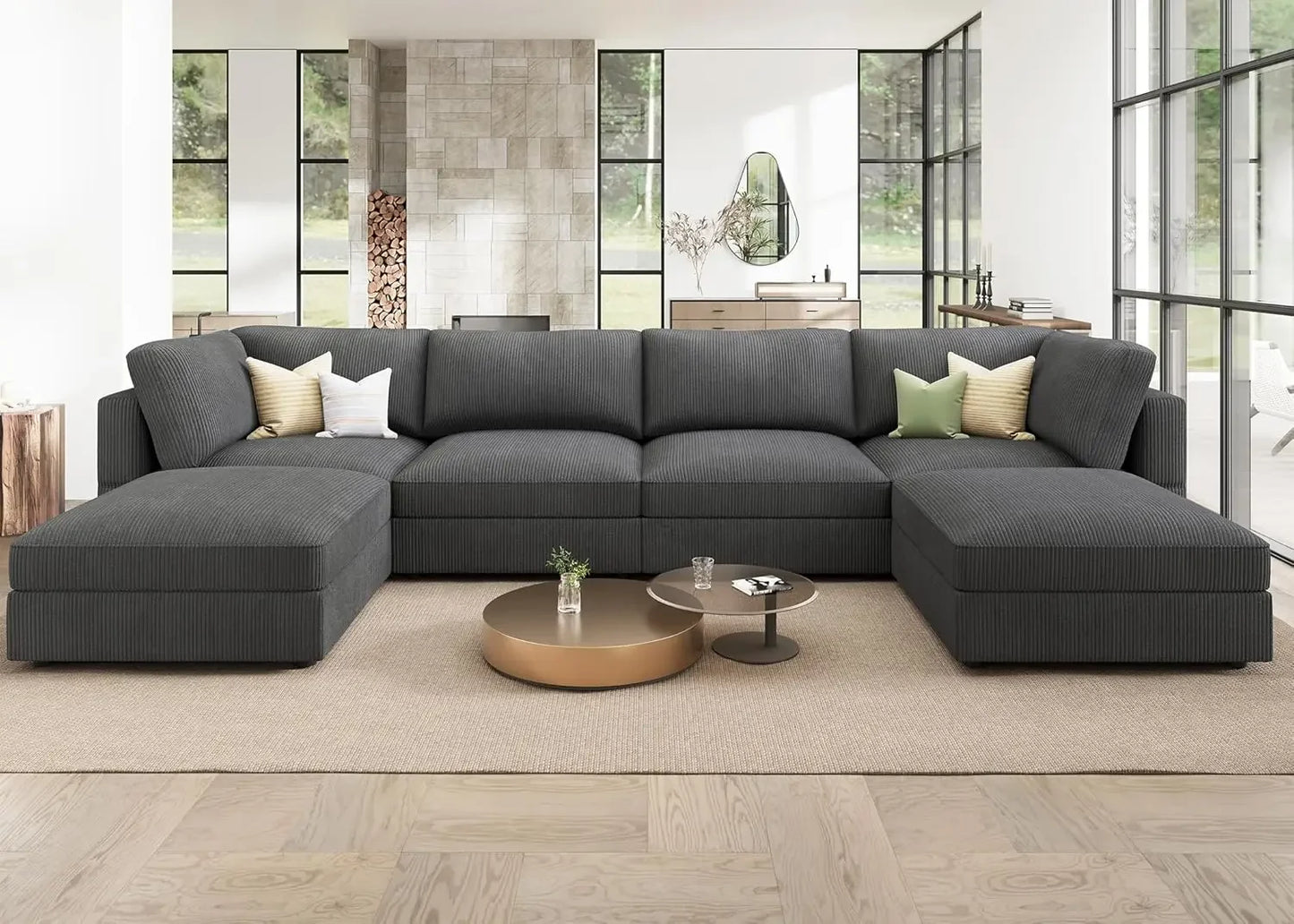 Modular Sectional Couch with Storage Corduroy Sectional Sofa with Chaise U Shaped Sectional Couches for Living Room