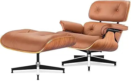 Top Black Grain Leather, Mid Century Chaise Lounge Chair and Ottoman, Modern Chair Classic Design, Walnut Wood, Heavy Duty Base