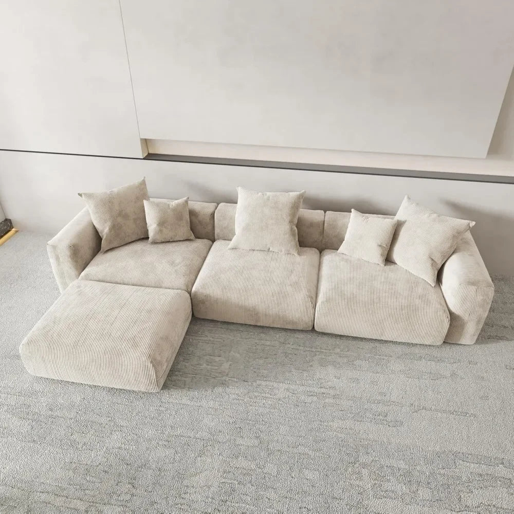 141.73" Modular Sectional Sofa Couch, Corduroy Fabric Couches with 5 Pillows, Oversized Sectional Sofas for Living Room, Sofa