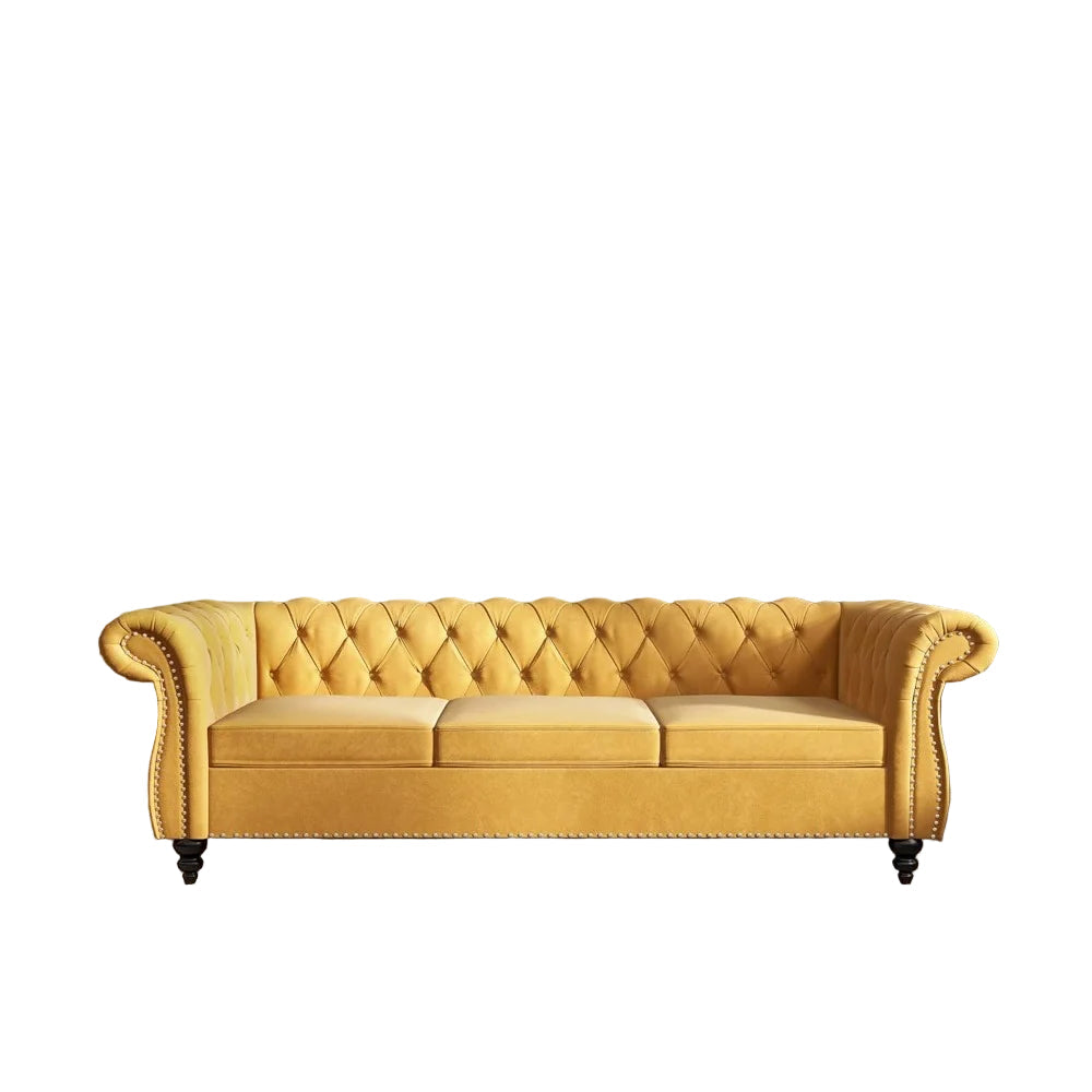 Velvet Tufted Rolled Arms and Nailhead Sofa