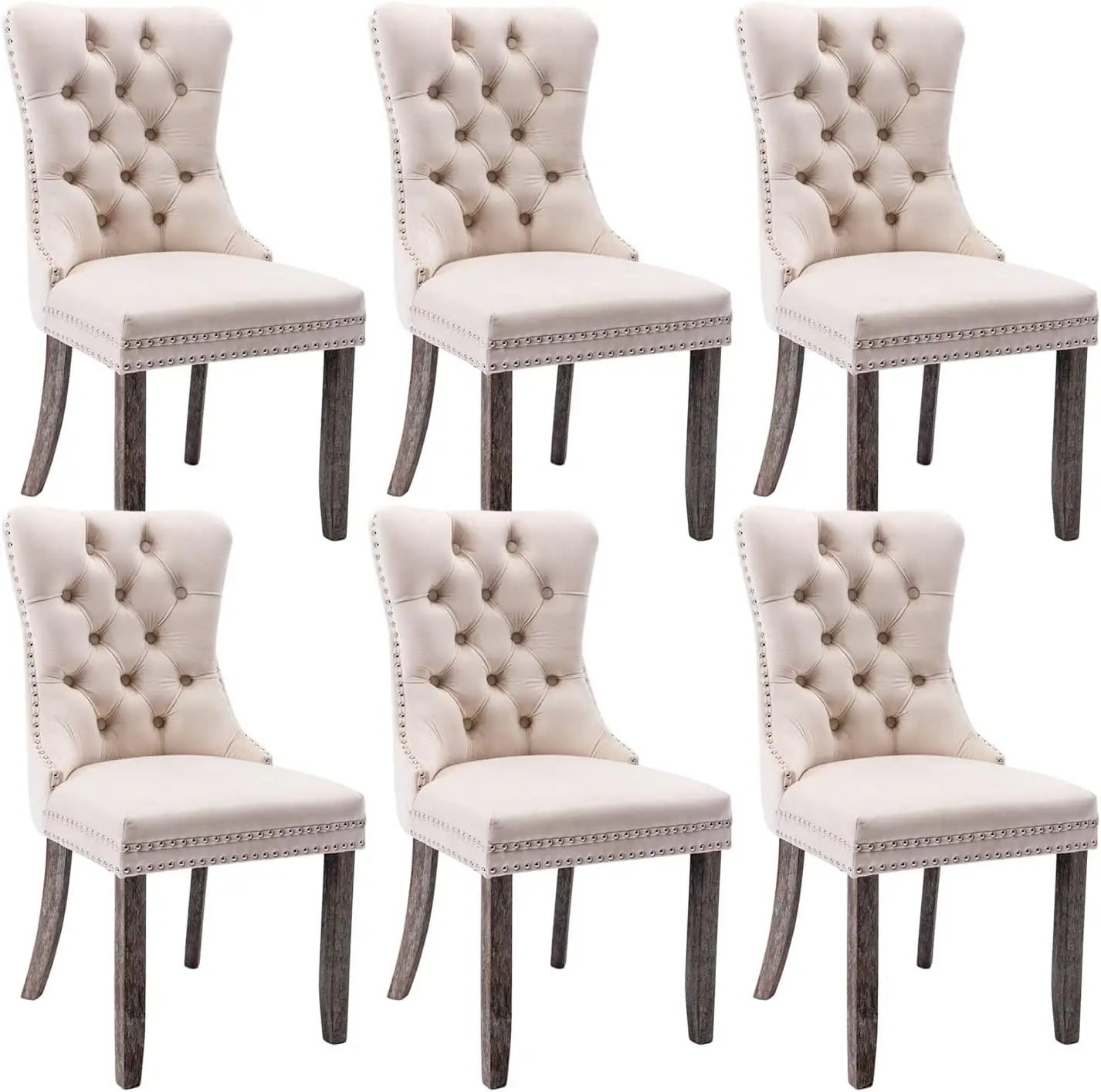 Tufted Dining Chairs Set of 6,  Velvet Upholstered Dining Chairs with Nailhead Back and Ring Pull Trim