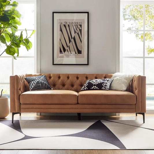 84" W Faux Leather Sofa Couch with Metal Legs, Button-Tufted 3-Seater Sofa, Mid Century Modern Upholstered Couch for Living Roo