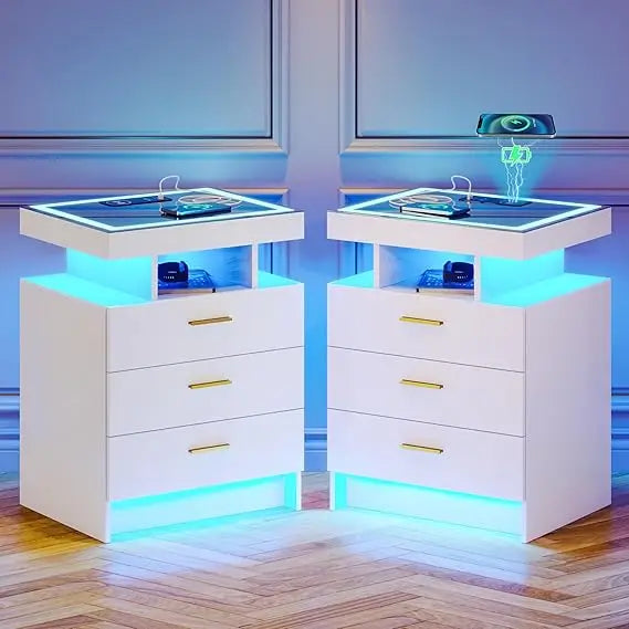 2 Set Nightstands with Wireless Charging Station and LED light