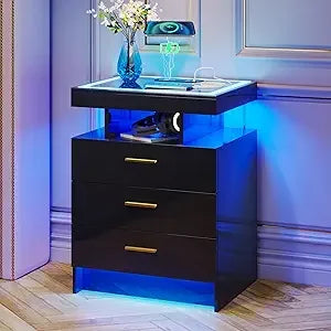 2 Set Nightstands with Wireless Charging Station and LED light
