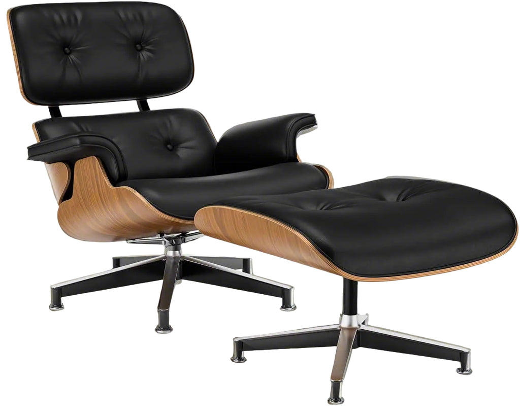 Black leather lounge chair and ottoman with wooden accents on a white background