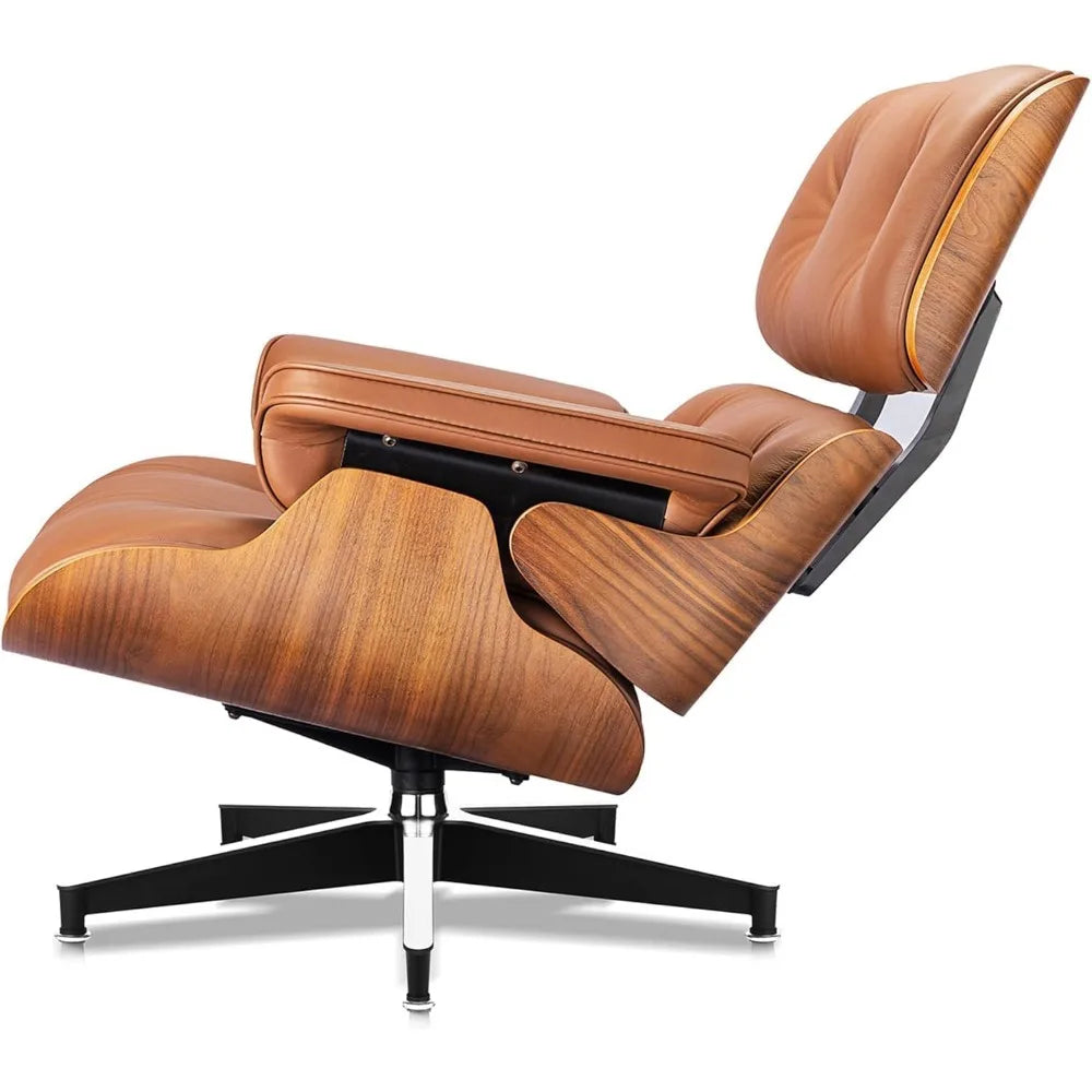 Top Black Grain Leather, Mid Century Chaise Lounge Chair and Ottoman, Modern Chair Classic Design, Walnut Wood, Heavy Duty Base
