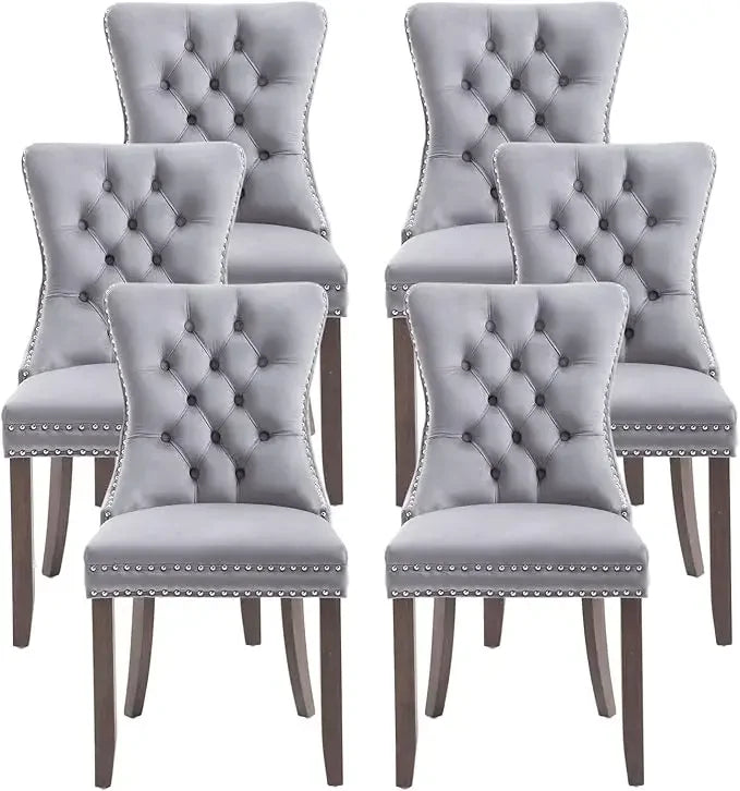 Leather Dining Chairs Set of 6, Upholstered Dining Chair with Nailhead Trim and Solid Wood Legs, Luxury Wingback Dining Side