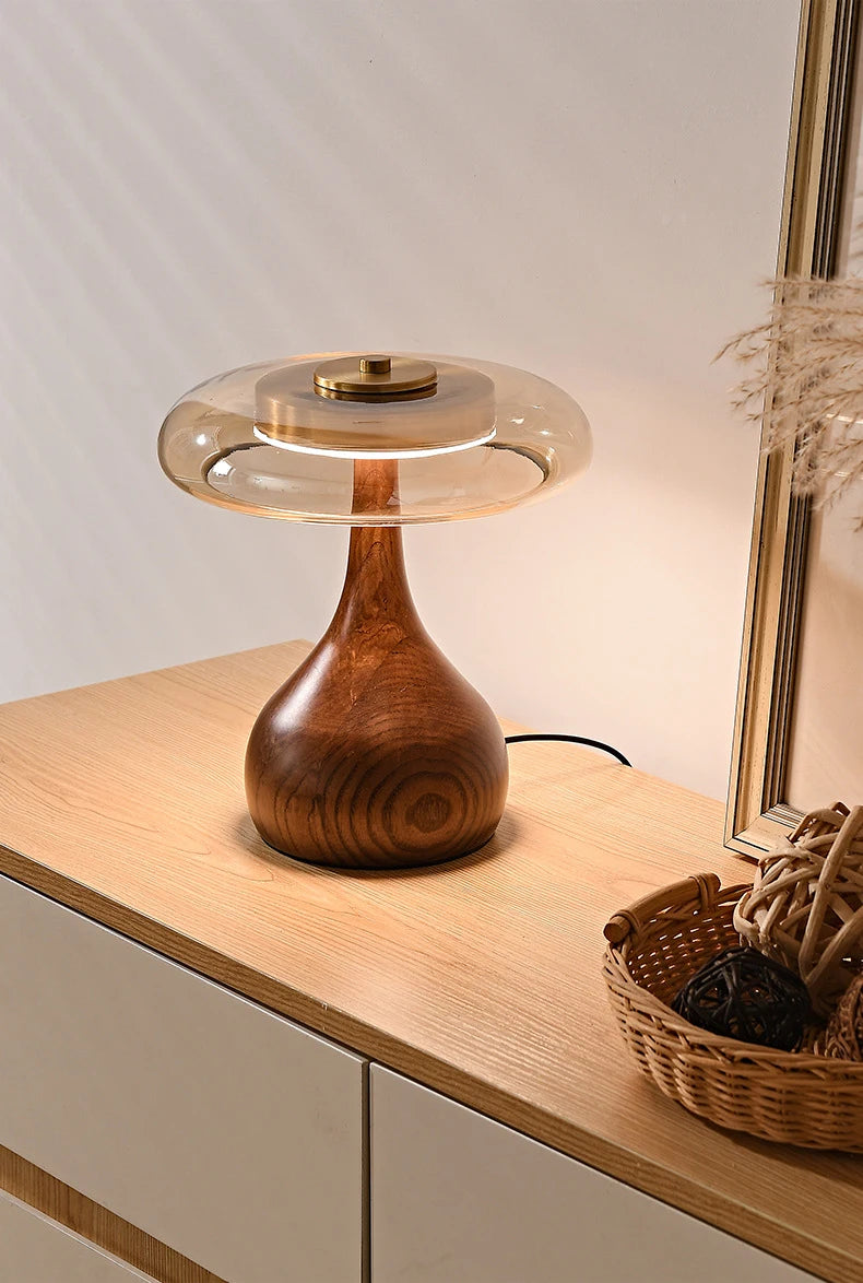12W Lamp Luxury Copper Desktop LED Designer Wood Glass Desk Lamp For Bedroom Bedside Home Decorative Mushroom Night Table Light