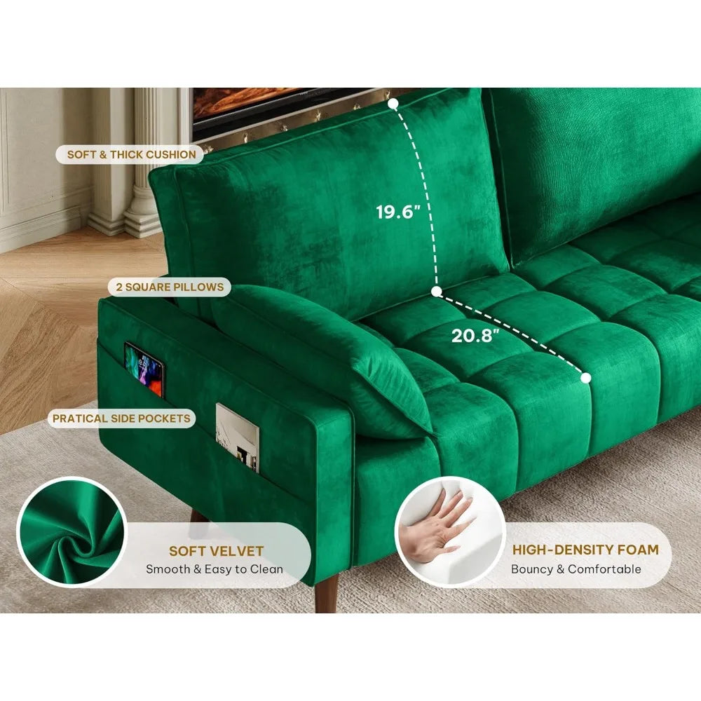 67" Loveseat Sofa with 2 Pillow Included, Velvet Fabric Couch, 3Seater Sofa w/Button Tufted Seat and Side Storage Pockect