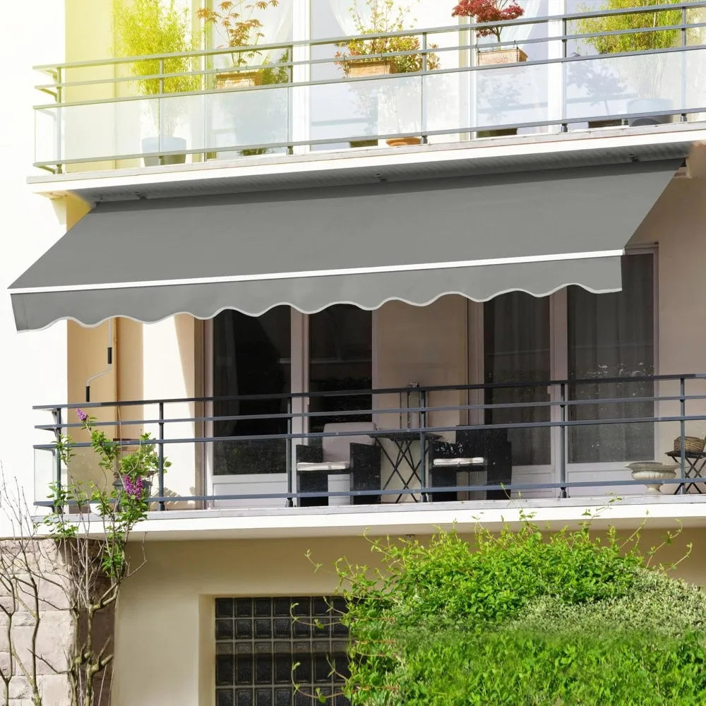 10x8 FT Manual Retractable Patio Awning, Outdoor Window Sun Shade Shelter with Crank Handle & Canopy, Retractable Awning
