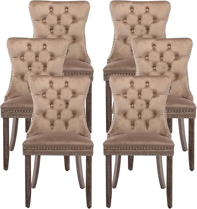 Leather Dining Chairs Set of 6, Upholstered Dining Chair with Nailhead Trim and Solid Wood Legs, Luxury Wingback Dining Side