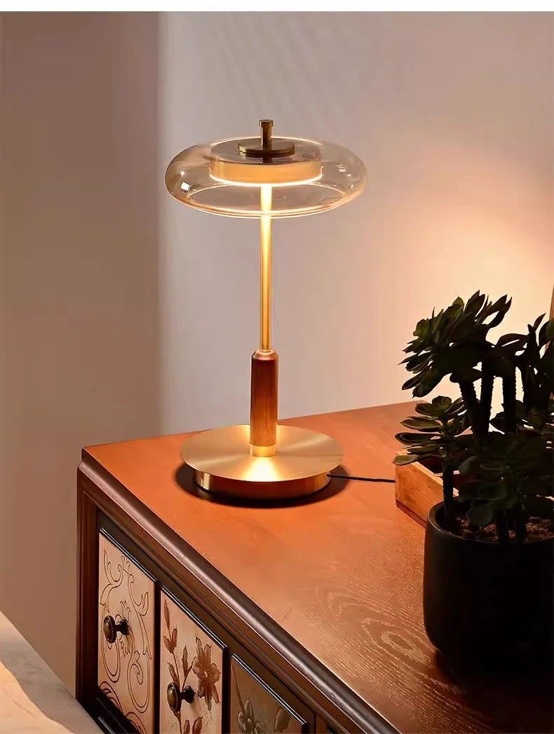 12W LED Copper Table Lamp Brightness Adjustable Living Room Study Bedside Night Light Brass Walnut Medieval Mushroom Desk Light
