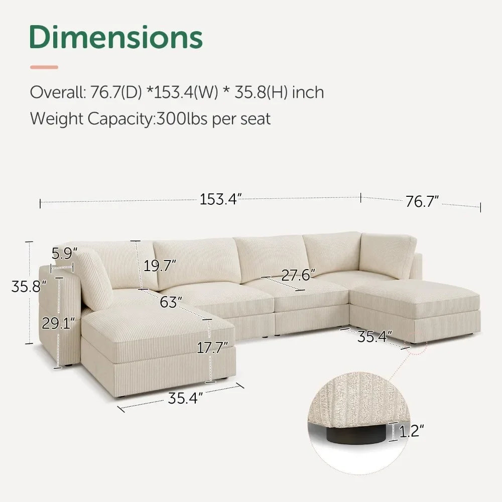Modular Sectional Couch with Storage Corduroy Sectional Sofa with Chaise U Shaped Sectional Couches for Living Room