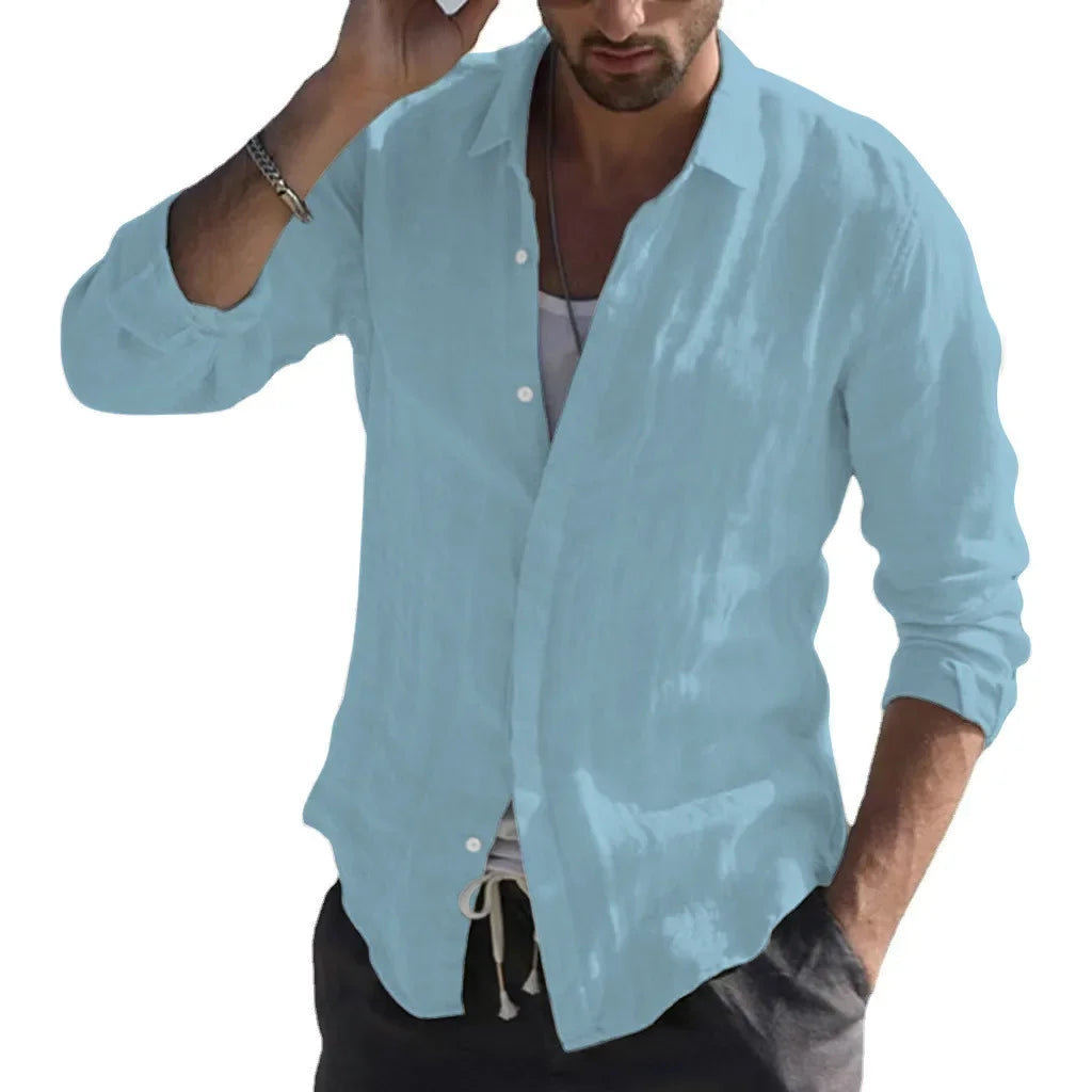 Men Summer New Solid Linen  Long Sleeve Casual Shirt Single Breasted Collar Cotton Linen Lapel Tops Simplicity Long Sleeve Shirt