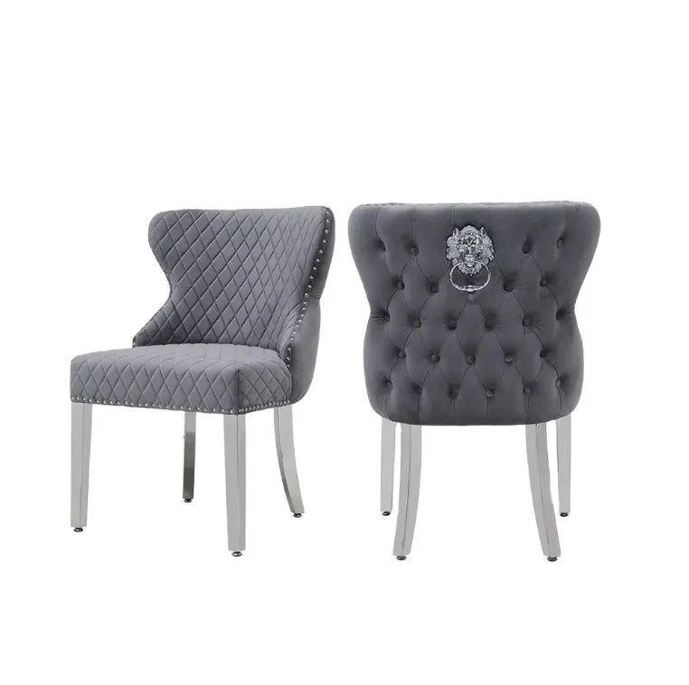 Dining Chairs Modern Luxury Button Tufted Velvet Fabric Lion Knocker Stainless Steel Legs Dining Room Sets of  Dining Chairs