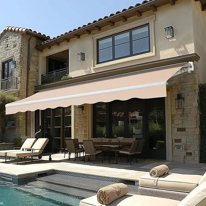 10x8 FT Manual Retractable Patio Awning, Outdoor Window Sun Shade Shelter with Crank Handle & Canopy, Retractable Awning