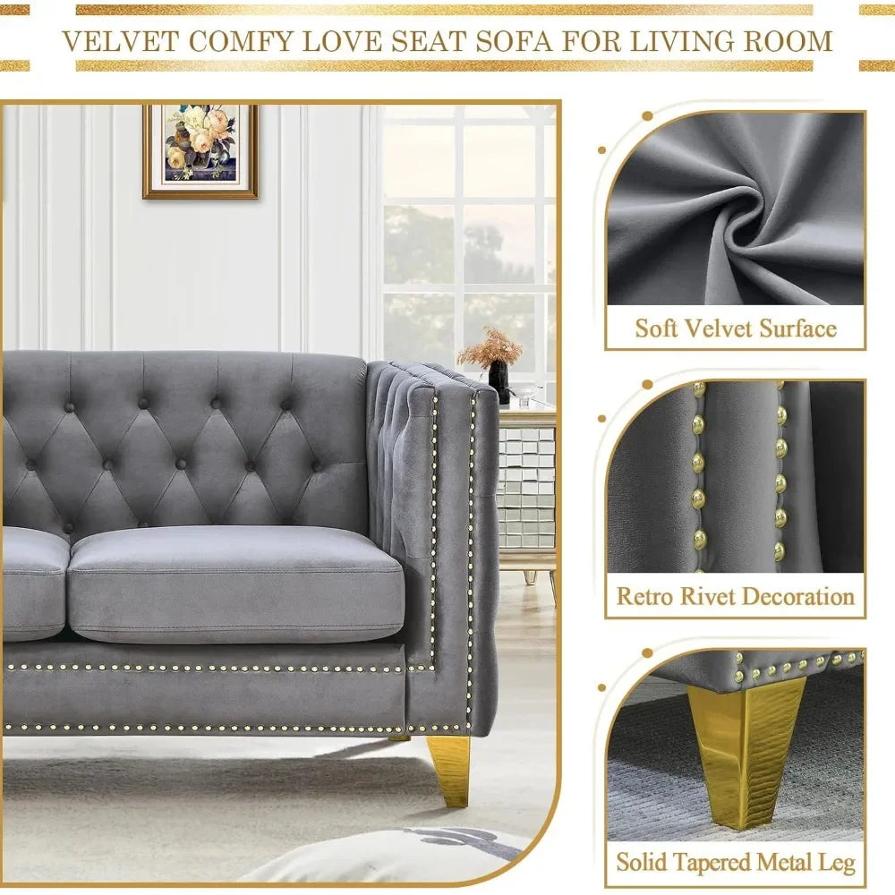 Velvet Living Room Sofa Set of 2, Comfy Loveseat and 3 Seater Couch, Modern Sofa with Tufted Back Upholstered Long Couch