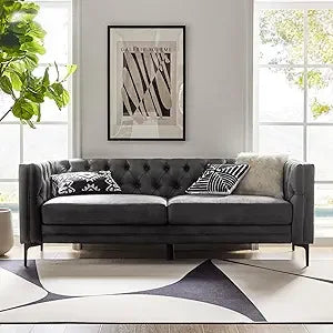 84" W Faux Leather Sofa Couch with Metal Legs, Button-Tufted 3-Seater Sofa, Mid Century Modern Upholstered Couch for Living Roo