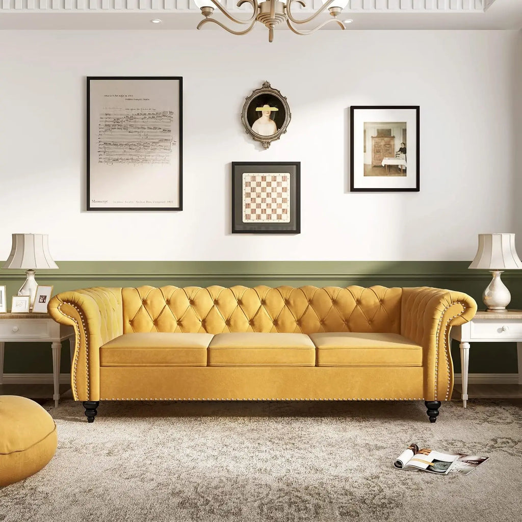 Velvet Tufted Rolled Arms and Nailhead Sofa