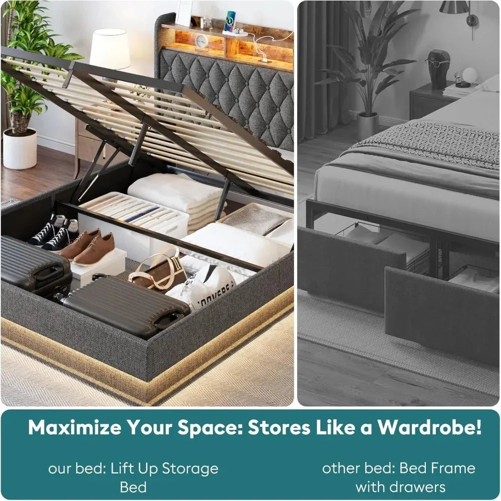 Lift Up Platform Bed Frame with LED Lights & Charging