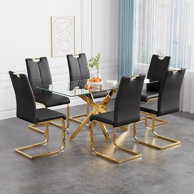 Dining Table Set for 6, Modern Tempered Glass Top Table and PU Leather Chairs, Black with Silver Base Dining Room Set