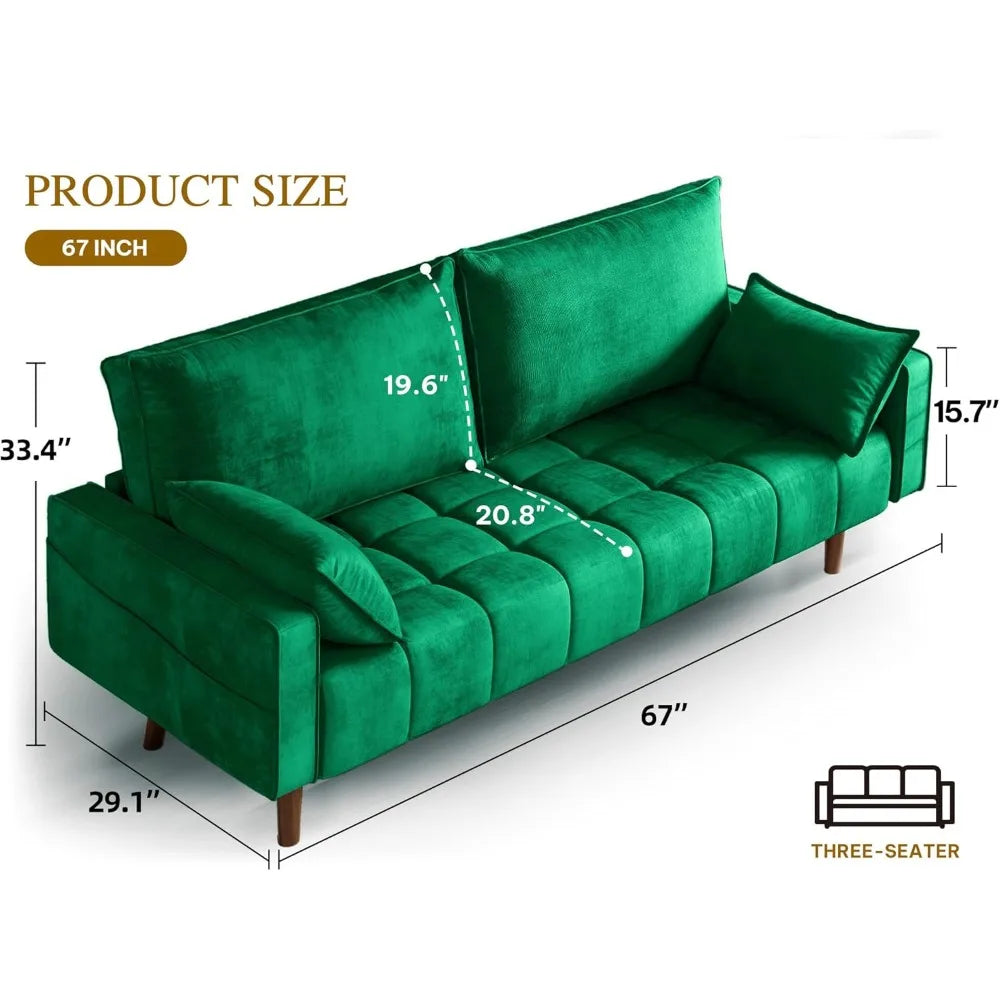 67" Loveseat Sofa with 2 Pillow Included, Velvet Fabric Couch, 3Seater Sofa w/Button Tufted Seat and Side Storage Pockect