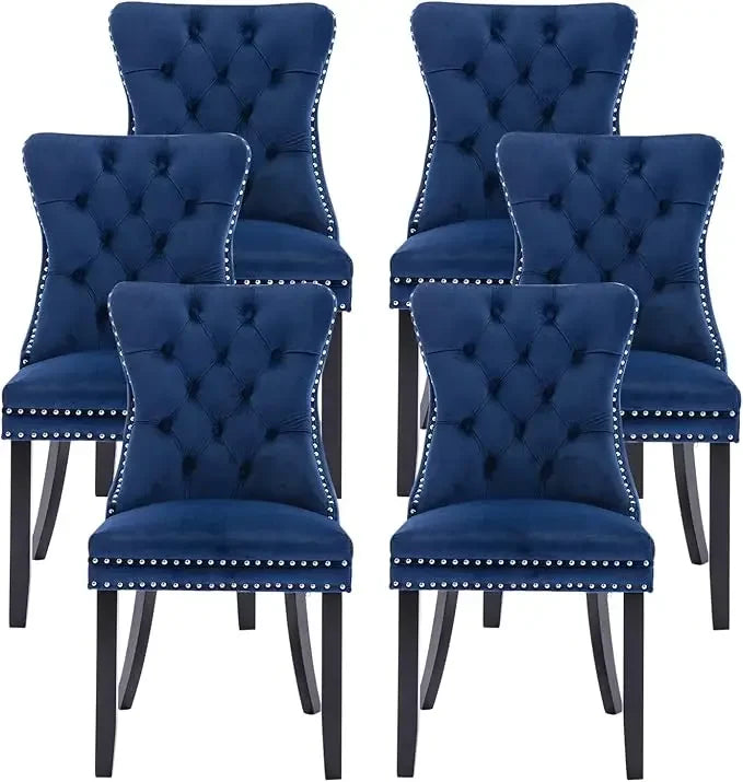 Leather Dining Chairs Set of 6, Upholstered Dining Chair with Nailhead Trim and Solid Wood Legs, Luxury Wingback Dining Side