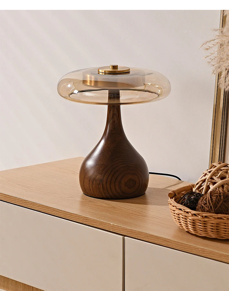12W Lamp Luxury Copper Desktop LED Designer Wood Glass Desk Lamp For Bedroom Bedside Home Decorative Mushroom Night Table Light