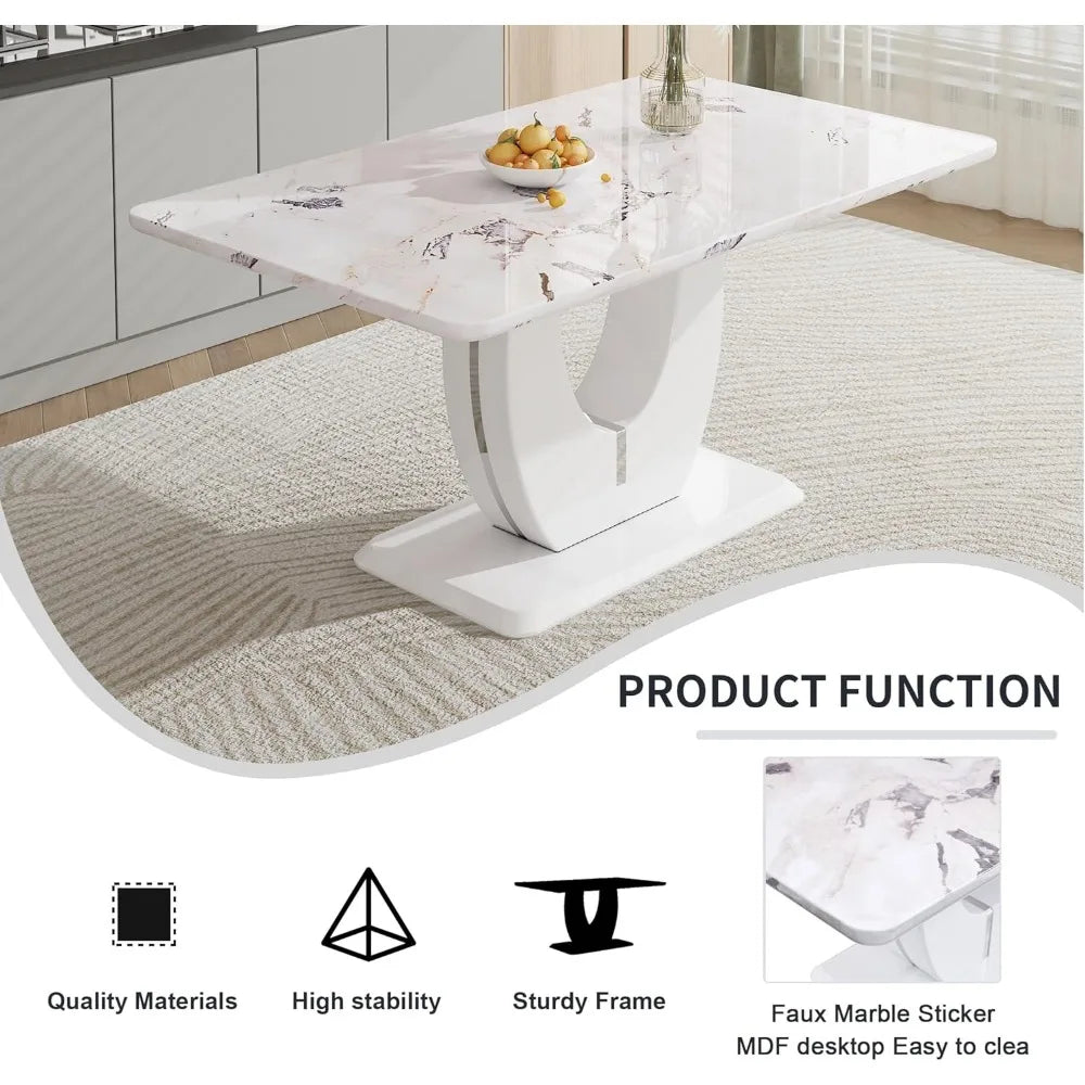 Dining Table Set for 6, with 63 Inch Marble Dinner Table Leather Upholstered Chairs,  Modern Dining Room Set