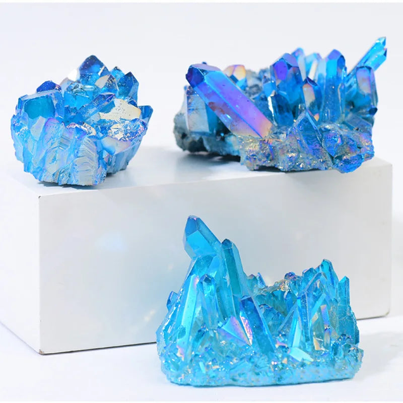 Sky Blue Quartz Natural Stones Electroplating Titanium Crystal Cluster Stone Specimens Cured Coating Healing Crystals Home Decor