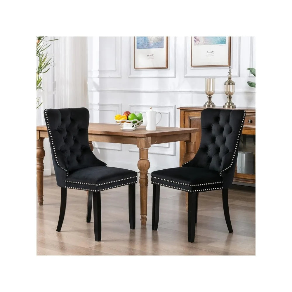 Tufted Dining Chairs Set of 6,  Velvet Upholstered Dining Chairs with Nailhead Back and Ring Pull Trim