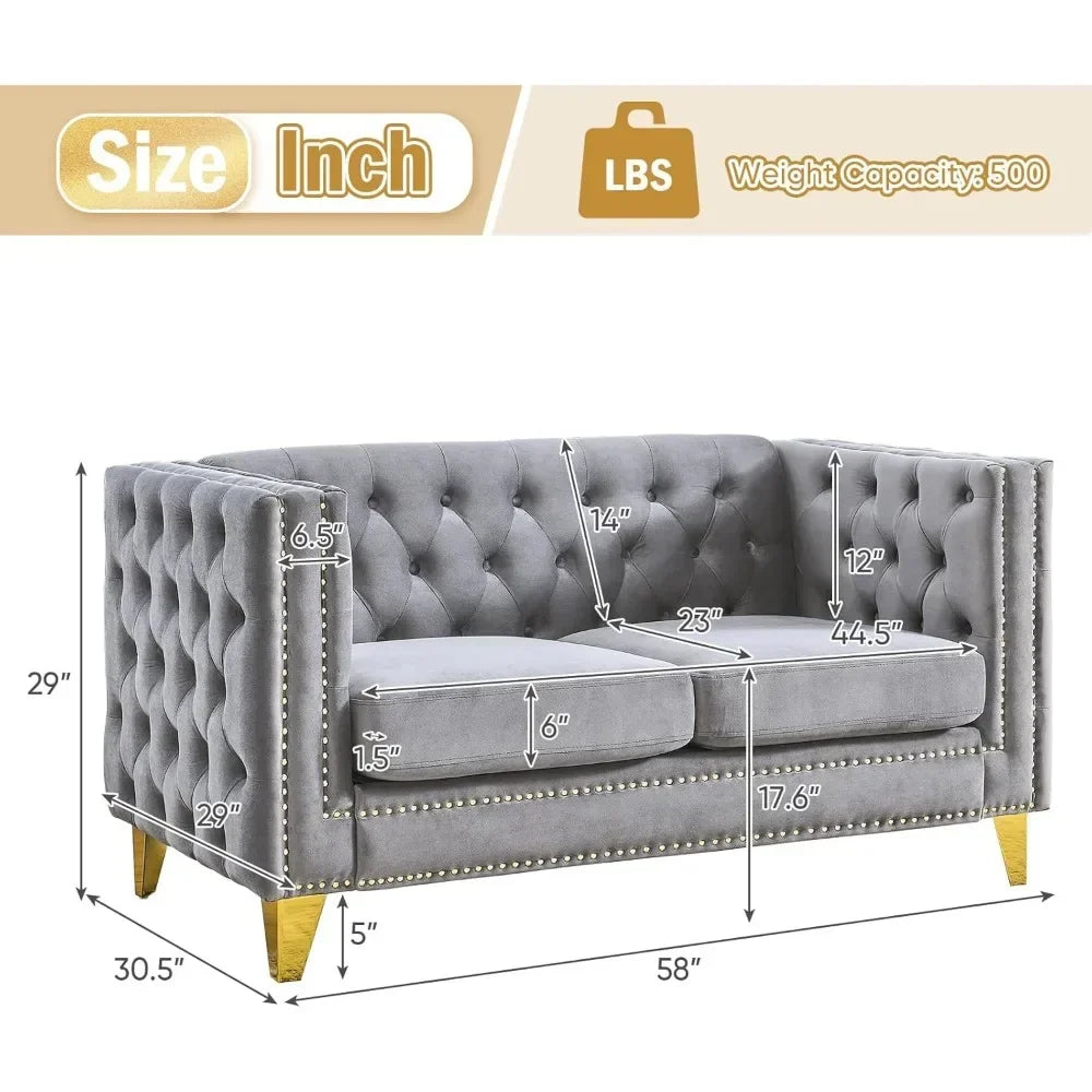 Velvet Living Room Sofa Set of 2, Comfy Loveseat and 3 Seater Couch, Modern Sofa with Tufted Back Upholstered Long Couch