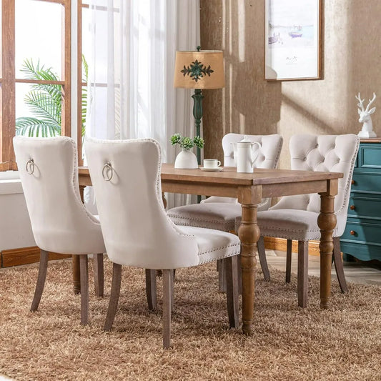 Beige Velvet Dining Chairs Set of 4, Kitchen & Dining Room Chairs Set of 4, Tufted Dining Chairs, Velvet Upholstered