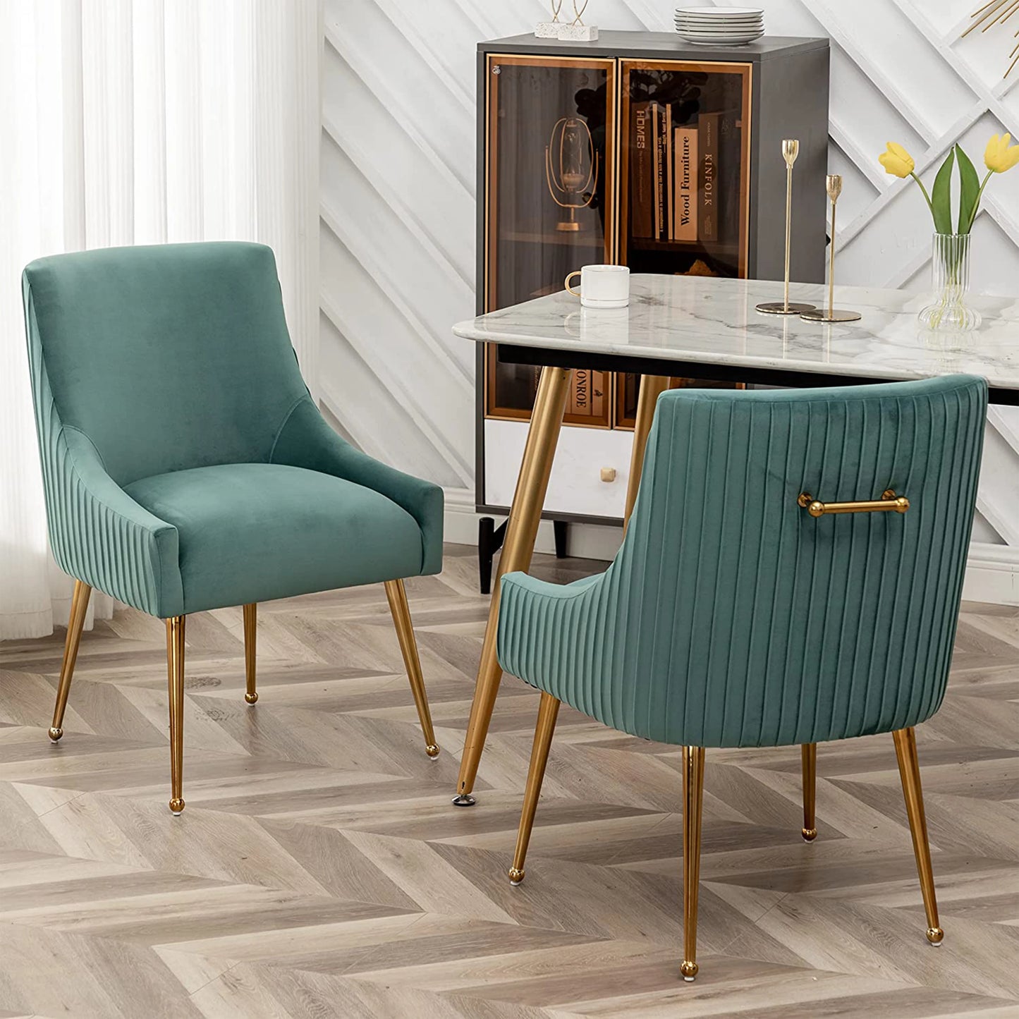 SEYNAR Modern Glam Boucle Pleated Velvet Dining Chair or Vanity Chair Set of 2 with Rear Handle