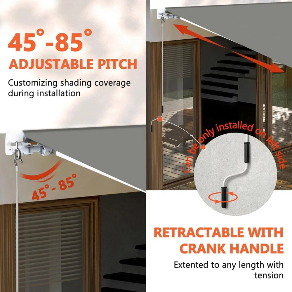 10x8 FT Manual Retractable Patio Awning, Outdoor Window Sun Shade Shelter with Crank Handle & Canopy, Retractable Awning