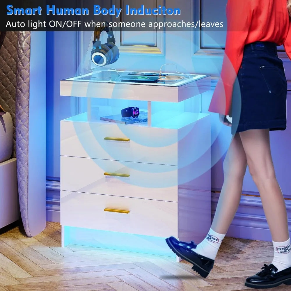 2 Set Nightstands with Wireless Charging Station and LED light