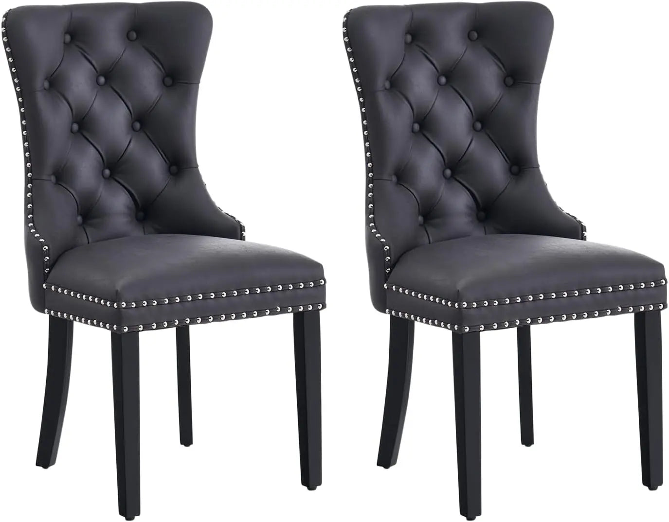 Leather Dining Chair Set of 6, Dining Room Chairs with Nailhead Ring Pull Trim, Upholstered Dining Chairs with Solid Wood Legs