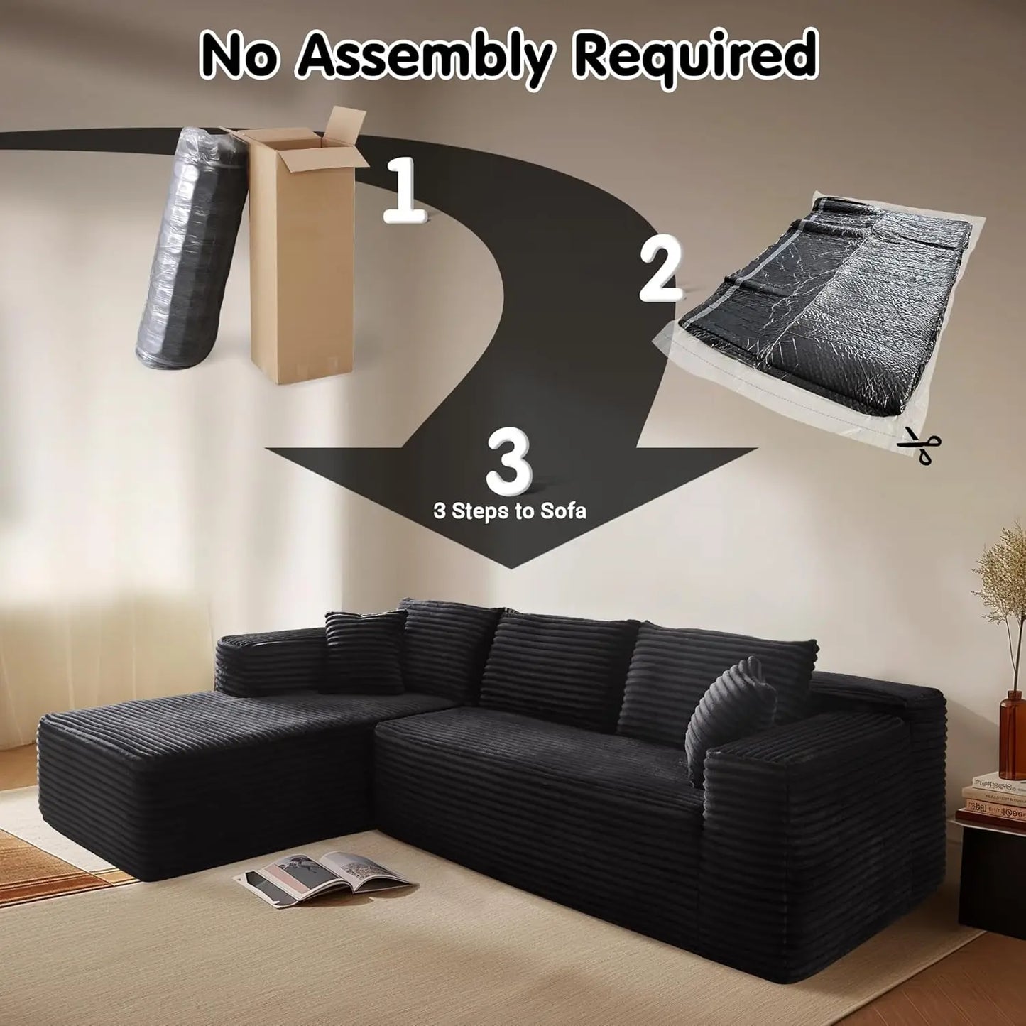 104" Cloud Sectional Couch with L-Shape Chaise,Modern Modular Sofa with Deep Seat, Upholstered Couches ,Black