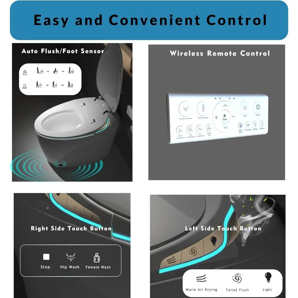 12“ Elongated Smart Toilet with Egg-Shaped,Foot Sensor,Night Light,Auto Flush Open & Close Seat,Build-in Bidet Seat,Multi-Functi