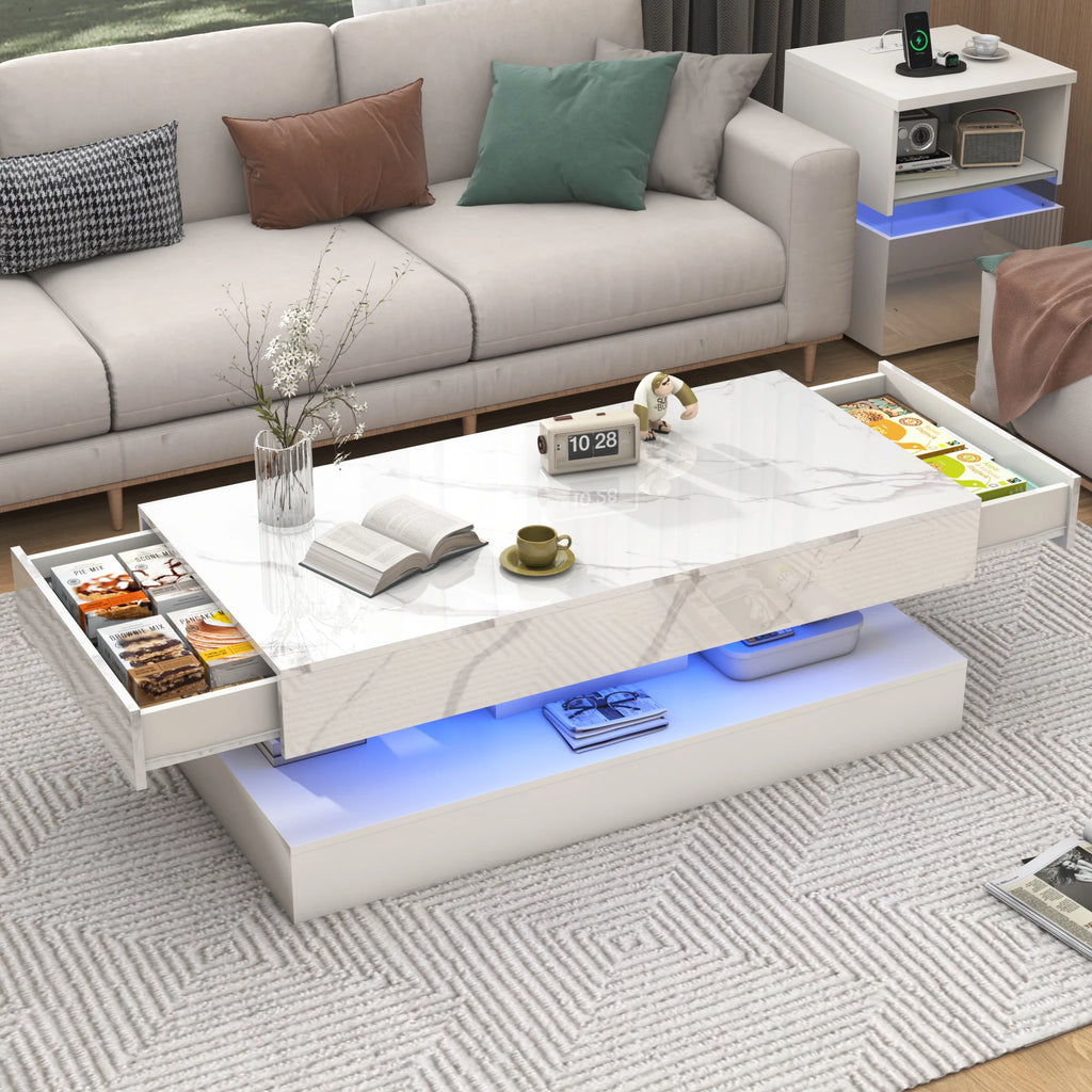 Stylish LED light Coffee Table with 2 Storage Drawers