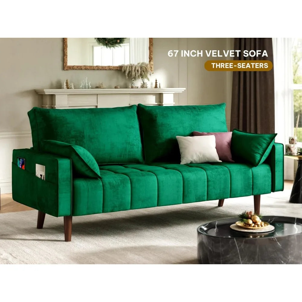 67" Loveseat Sofa with 2 Pillow Included, Velvet Fabric Couch, 3Seater Sofa w/Button Tufted Seat and Side Storage Pockect