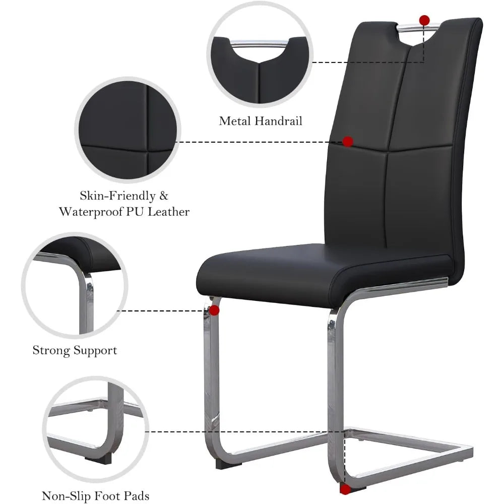 Dining Table Set for 6, Modern Tempered Glass Top Table and PU Leather Chairs, Black with Silver Base Dining Room Set