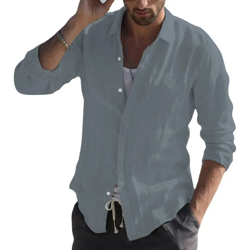 Men Summer New Solid Linen  Long Sleeve Casual Shirt Single Breasted Collar Cotton Linen Lapel Tops Simplicity Long Sleeve Shirt