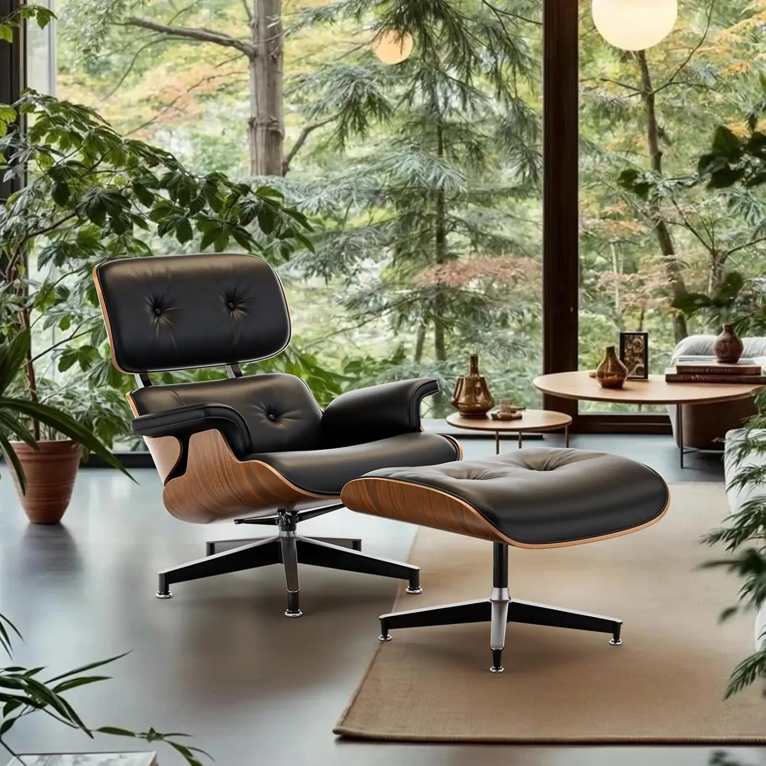 Black PU Leather, Chaise Lounge Chair and Ottoman