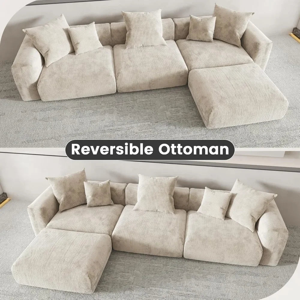 141.73" Modular Sectional Sofa Couch, Corduroy Fabric Couches with 5 Pillows, Oversized Sectional Sofas for Living Room, Sofa