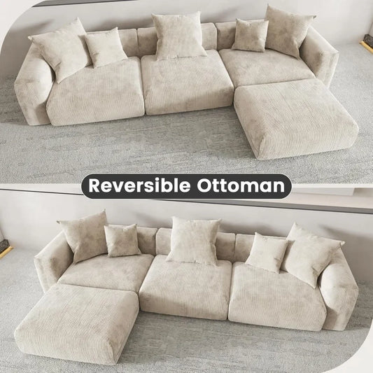 141.73" Modular Sectional Sofa Couch, Corduroy Fabric Couches with 5 Pillows, Oversized Sectional Sofas for Living Room, Sofa
