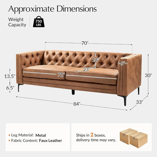 84" W Faux Leather Sofa Couch with Metal Legs, Button-Tufted 3-Seater Sofa, Mid Century Modern Upholstered Couch for Living Roo