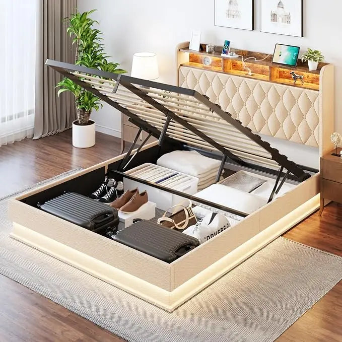 Lift Up Platform Bed Frame with LED Lights & Charging