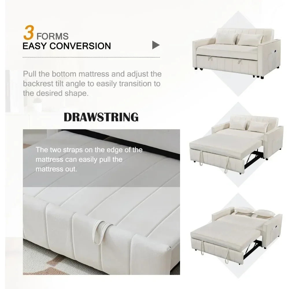 Convertible Sleeper Sofa Bed, 55.51" Modern Velvet 3-in-1 Futon Couch, Pullout Bed with Adjustable Backrest, Storage Pockets and
